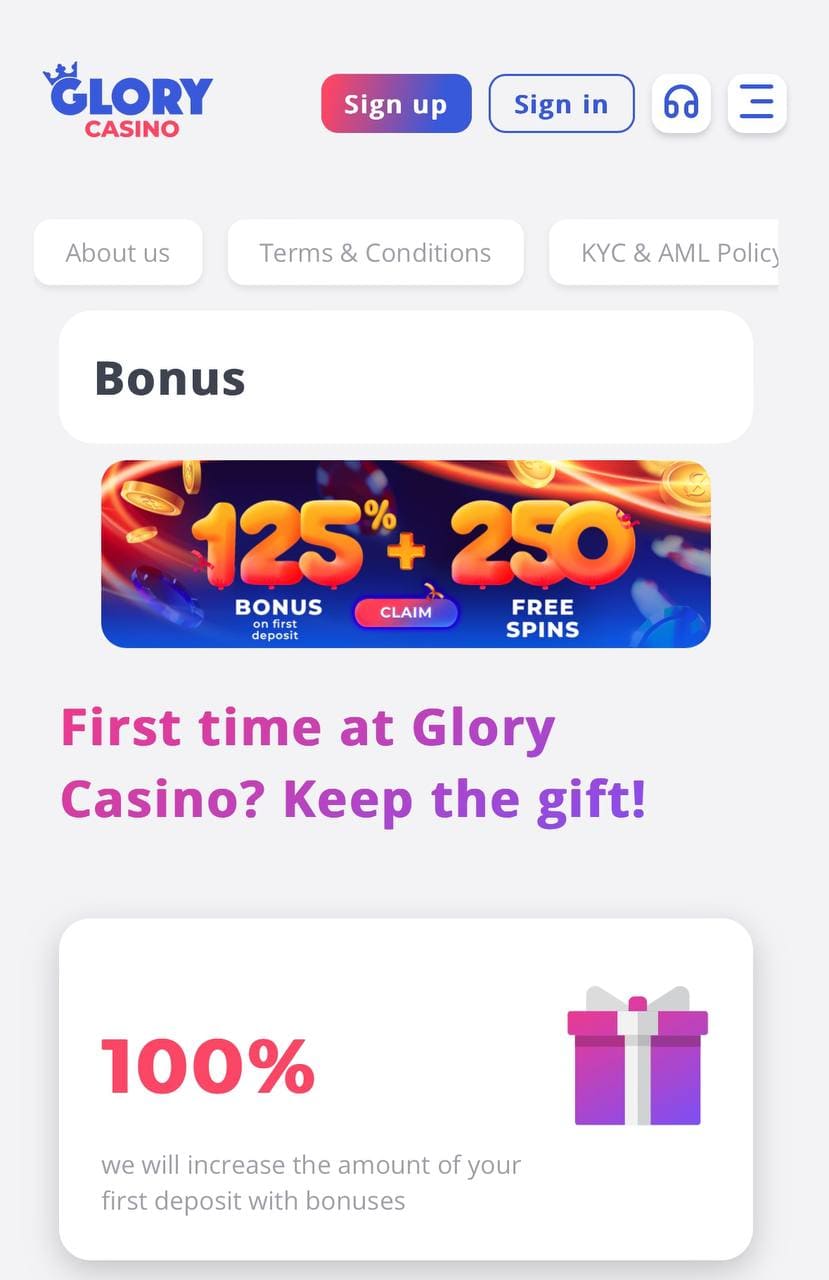 Get Glory Casino Welcome Bonus in the mobile app
