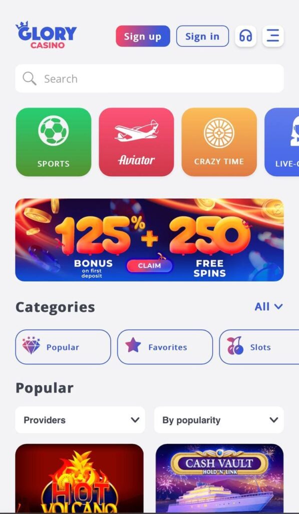 Glory Casino India app homepage