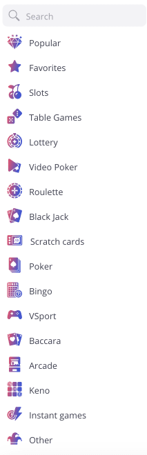Sections in the casino Glory menu